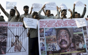 Tamil community members staging a protest against Sri Lanka for alleged human rights violations in Bhopal