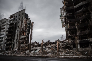 Destroyed family houses in Bodrodyanka, Ukraine, after an explosive Russian attack