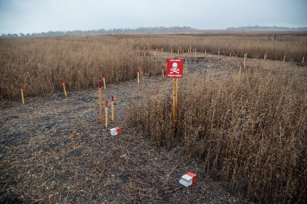 Un campo minato in fase di sminamento nell’Ucraina orientale