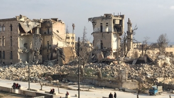 Edificio danneggiato ad Aleppo, Siria, 12 febbraio 2017